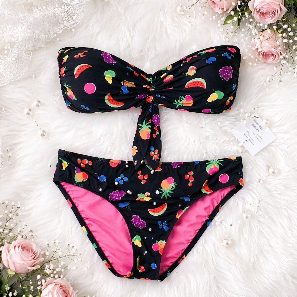 Kate Spade New York M Fruit Print Bikini Set Black Multi Bandeau Medium NWT $178